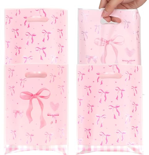 Bow Party Favor Bag, 50 Pieces Plastic Pink Coquette Gift Bags 2 Designs Princess Treat Bags with Handle for Girls Birthday Wedding Baby Shower Party Supplies (Pink Bow)