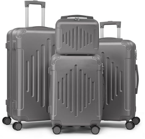 LEADZM Kofferset 4 teilig, Reisekoffer Set mit Kosmetikkoffer & verstärkten Ecken, Koffer Set Hartschalen-Trolley aus ABS mit Teleskopgriff, Handgepäck (Dunkelgrau)