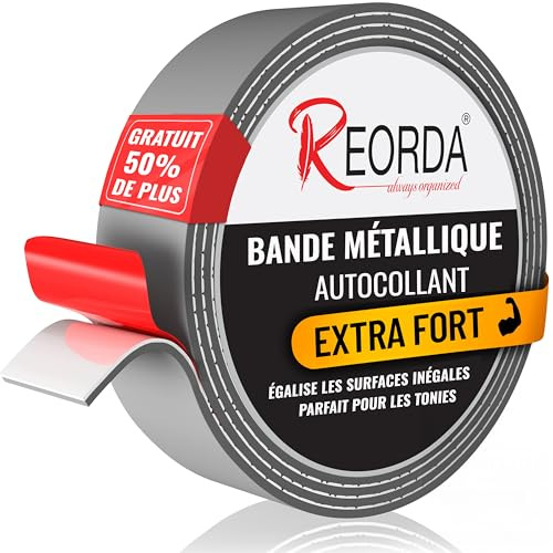 REORDA® Bande Métallique Auto-Adhésive Grise Idéale pour Figurines Tonies® & Étagères (Extra Fort) - Ruban pour Aimants I Bande de Fer Ruban Ferreux