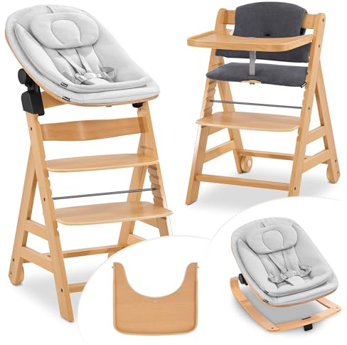 hauck Alpha Move Hochstuhl Newborn Set mit Eco Bouncer | Mitwachsender Holz Kinderhochstuhl mit Rollen ab Geburt bis 90 kg | inkl. Neugeborenenaufsatz, Essbrett & Sitzkissen