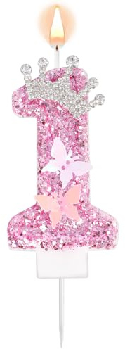 Candela di Compleanno Rosa con Numero, Corona Scintillante Farfalla Scintillante Paillettes Decorazione per Torta per Feste di Compleanno Matrimoni Anniversari Celebrazioni (Numero 1)