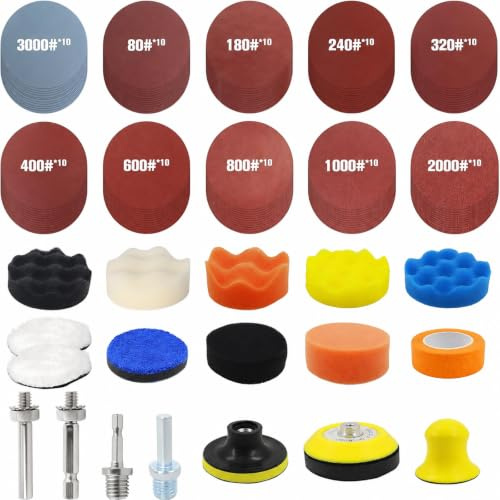 119-teiliges Polieraufsatz Set 75 mm für Akkuschrauber & Bohrmaschine | Optimierte Körnungsabfolge 80–3000, Nass- & Trockenschleifen zur Oberflächenvorbereitung (Scheinwerfer & Lack)