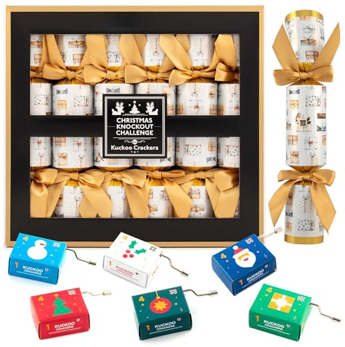Kuckoo Crackers - Knockout Game Christmas Crackers – Hilarious Family Party Game | Festive Challenge with Music Box & Questions | Fun Christmas Table Game for Kids, Teens & Adults | Pack of 6