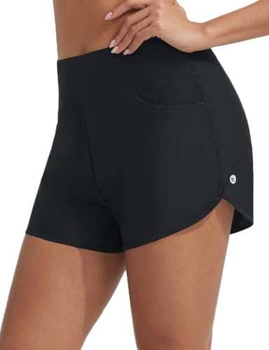 baleaf Women's 3 Swim Shorts High Waisted Board Shorts Quick Dry Bathing Suit Swimsuit Tankini Bottoms with Velcro-Sealed Pockets UPF50+ Black M
