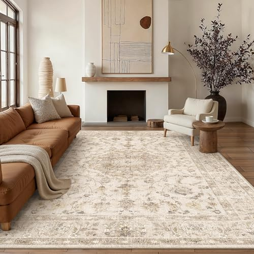 PureCozy Teppich Wohnzimmer 200x300cm Waschbarer Vintage Beige Tepiche | Rutschfest Kurzflor,Weich Teppiche,Wohnzimmerteppich,Schlafzimmer,Esszimmer,Büro,Kinderzimmer