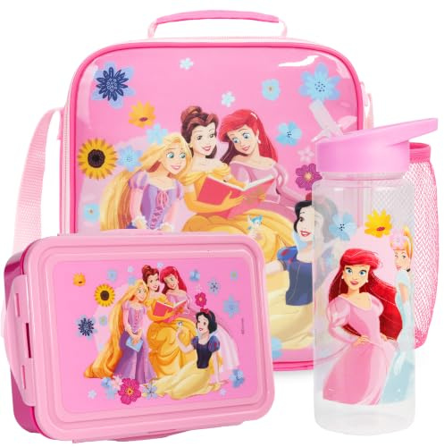 Get Trend Disney Princess Girls Lunch Bag Set with Bento Box & Bottle | 3 Pcs Insulated Lunch Bag with Bento Lunch Box & BPA Free 600ml Water Bottle, School Supplies Gifts (Pink Princess)