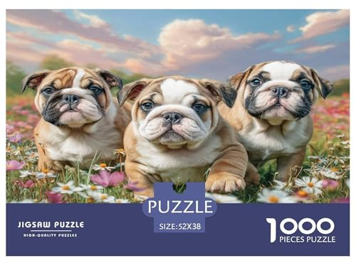 Puzzle 1000 Pezzi Cane Carino - Bulldogs (Tre, Prato di Fiori Selvatici) | Gioco Educativo, Relax, Decorazione da Parete, Regalo | 52x38cm