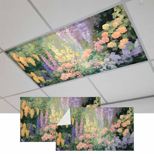 Fluorescent Light Covers, Spring Floral Magnetic Light Covers for Ceiling Lights, Forest Leaves Trees Blossom Oil Painting Fluorescent Ceiling Shade Filters for Classroom Bedroom Office 4x2Ft x 2PCS