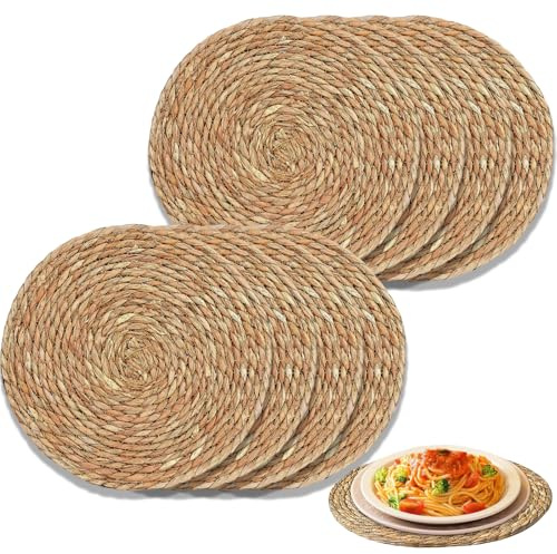 Juego de 8 manteles individuales redondos de totora, manteles individuales redondos tejidos, lino con ondas de árbol, jacinto de agua para mesa de comedor, estilo granja, fiesta, boda