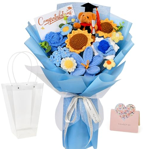 Wishwell Pop Crochet Graduation Flower Bouquet, Sunflower Rose Bear, Blue | Handmade Knitted Flower Gift for Graduates, Friends, Teachers and Loved Ones on Graduation, Birthday, Anniversary