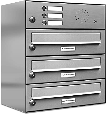AL Briefkastensysteme 3er Briefkastenanlage mit Klingel, Edelstahl, Premium Briefkasten DIN A4, 3 Fach Postkasten modern Aufputz