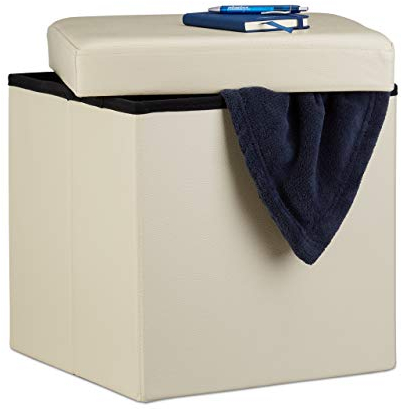 Relaxdays Faltbarer Sitzhocker, Sitzcube mit Stauraum u. Deckel, Fußablage, Sitzwürfel Kunstleder, 38x38x38 cm, creme