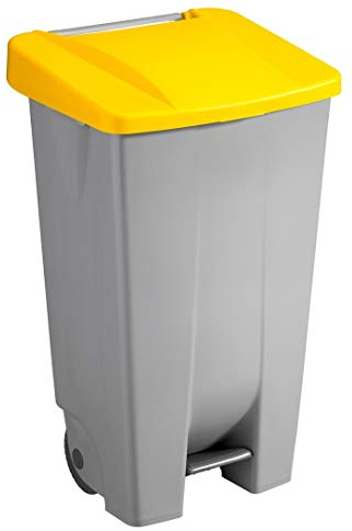 Sunware Basic Poubelle 120 l – 42,5 x 51 x 87,5 cm – Avec roues, pédale et poignée – Gris/jaune