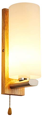 VOMI Modern Wandleuchte mit Zugschalter Glas Lampeschirm Wandlampe mit Schalte Holz Wand Lampe Bettleuchte E27 Rund Leselampe Innen Beleuchtung Wohnzimmerlampe Flur Schlafzimmer Leuchten
