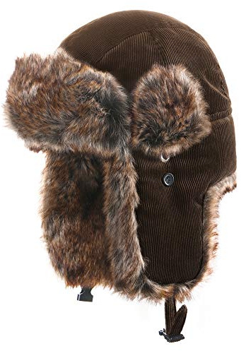 Insun Unisex Russische Mütze Cord Ushanka Fliegermütze Khaki L | Winddicht Warme Trappermütze Herren Damen, Kunstfell Fellmütze mit Ohrenklappen für Outdoor Kaltes Wetter