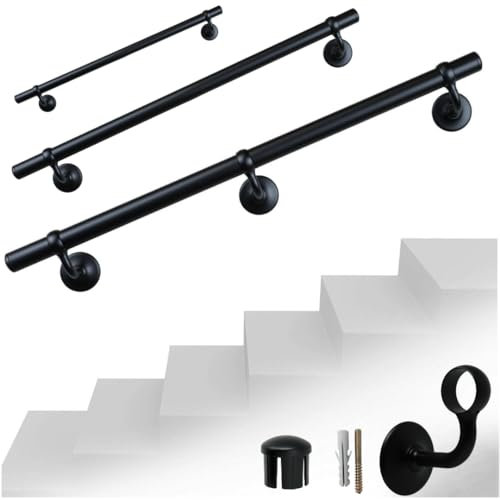 Parpyon® Corrimano a muro Scala Tubo passamano Prodotto 100% Italiano Fissaggio a parete con supporto Kit montaggio FACILE fai da te scale e balaustra (Nero, 30cm)