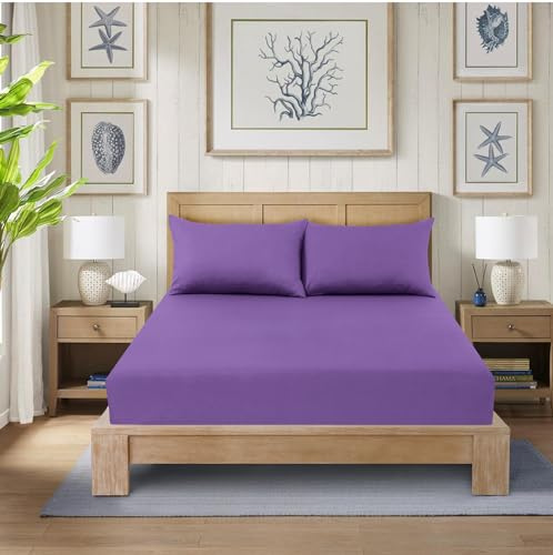 CHARKHAH Polycotton Fitted Sheet for Single Double King Super King Bed 200 Thread Count Anti Wrinkle Plain Bedding 25 cm Extra Deep Fitted Sheets Cover with Elastic Edges (Purple, Single)