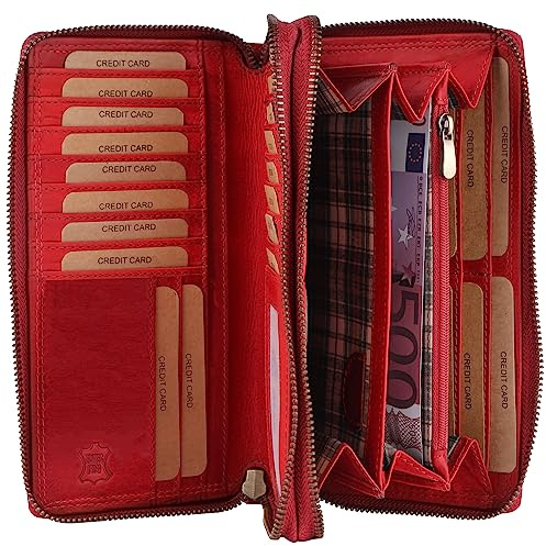 Benthill Geldbörse Damen Gross Echt Leder | Portemonnaie Damen Groß mit RFID Schutz | Geldbeutel aus hochwertigem Rindsleder mit vielen Kartenfächer inkl. Geschenkbox, Farbe:Rot