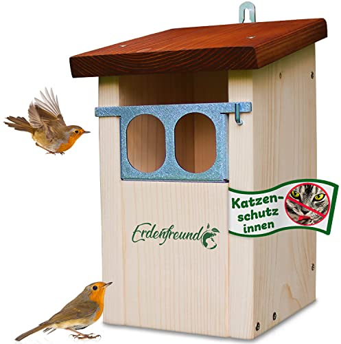 ERDENFREUND® Nistkasten Rotkehlchen mit Marder-/Katzenschutz räubersicher Nistkasten für Vögel Rotschwänzchen Lichtschacht Nischeneinflug Spechtschutz (Nistkasten Nischenbrüter räubersicher)