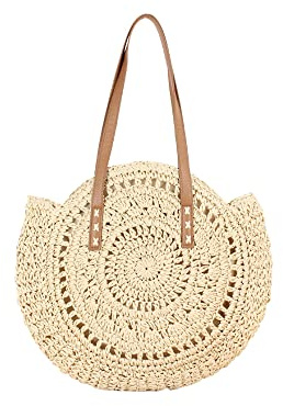 Hixingo Bolso Redondo de la Paja Mujeres Bolso Playa Grande Bolso de Hombro Verano Boho Totes de Playa Ratán Tejidas a Mano Para Viajes, Compras y Vacaciones (Beige - Hueco)