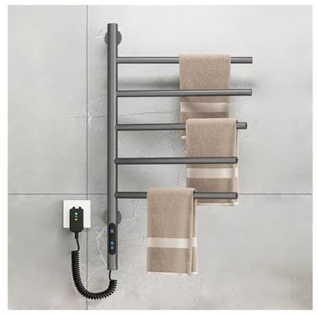 YJSG Swivel Heated Towel Rack, Rotating Electric Towel Warmer Rack Wall Mounted, Stainless Steel Towel Warmers for Bathroom, 5 Bars with Timer, 1h-24h,82w,for Home Bathroom, Spas,Plug-in,Gray