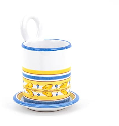 CEAR Ceramiche - Colaposate H cm 15 con piattino in ceramica artigianale siciliana con decoro acanto blu e giallo