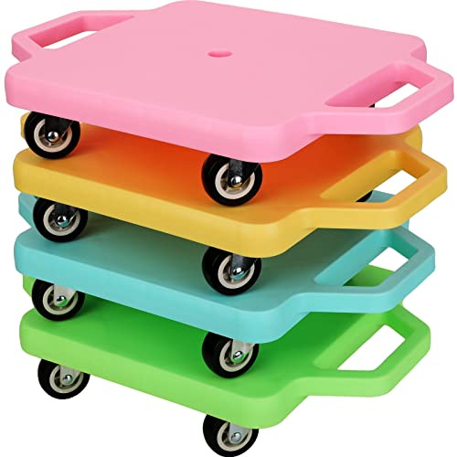 Jerify 4 Pieces Sports Scooter Board with Handles Plastic Casters Floor Sitting Scooter Boards for Kids Children Gym Indoor Outdoor Activities Play Equipment, 11.22 x 11.22 inch(Assorted Color)