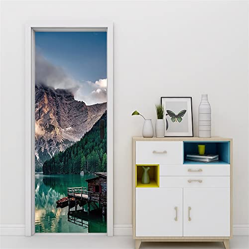 stickers paroi de douche 85x215cm(33.46 inches * 84.64 inches) Lac montagne enneigée 3D Wall Sticker Autocollant Art Decor Vinyle Mural Amovible Poster ScèNe FenêTre Porte Papier Peint pour Les Murs