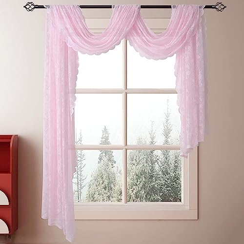 Ricemru Spitze Gardinen Freihandbogen mit Blumen Muster Rosa Querbehänge Fensterdekoration Freihanddeko Gardine Schiebevorhänge Spiztengardinen Vintage Vorhang Hochzeitsbogen Deko 145x600cm