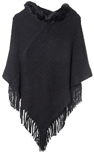JFAN Strick Ponchos mit Damen Kapuze Cape Pullover Fransen Strickpullover Vielseitiger Kapuzen Schal Warm Coat Hoodie Schwarz One Size