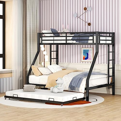 Tcewhhy Etagenbett Metallbett Mit Ausziehbarem Bett Für 3 Personen Jugendbett Mit Leiter Auf Beiden Seiten Hochbett Für Kinder Jugendliche Erwachsene 90(140) x200cm Schwarz