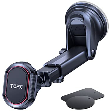 TOPK Supporto Cellulare Auto Magnetico per Parabrezza e Cruscotto, [Forte Aspirazione] Supporto Regolabile per Telefono con Braccio Lungo con Magnete più Forte per Telefoni Cellulari