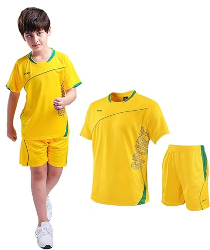 Hikewin Boys Football Kits Uniform Jerseys Unisex Kids Sports Shorts SetsTracksuit Training Activewear Short Sleeve Set Yellow 10-11Years