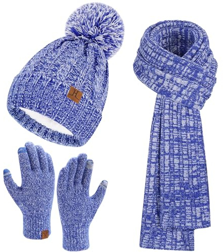 Bequemer Laden Winter Mütze, Schal & Handschuh-Sets für Damen Geschenke | Damen Winter Warm Beanie Wintermütze mit Bommel Gefüttert Touchscreen Winterhandschuhe Lang Schal Set Weihnachtsgeschenke