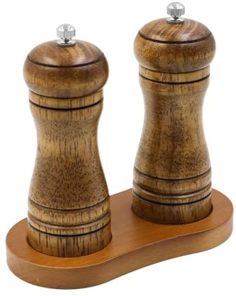 ZONADAH Lot de 2 moulins à sel et à poivre - Moulin à poivre manuel en bois avec socle - 12,7 cm - Salière rechargeable avec noyau en céramique réglable - Ustensiles de cuisine
