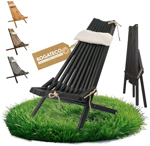 BOGATECO Klappbare Gartenliege aus Holz mit Kopfkissen - Deckchair für Garten, Balkon und Terrasse - Holzliege Zusammenklappbar - Sonnenliege ohne Metallteile - 100x55x30 cm - Schwarz