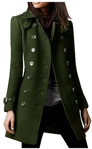 Wool Coats Women Premium Business Casual Pea Coat Fall Winter Fashion Double Beasted Mid-Length Tweed Jacket Overcoat/UK Size/Teenage Girls Ladies Clothes Army Green
