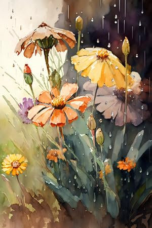 adrium Holz-Bild 40 x 60 cm: Aquarellmalerei von Blumen auf der Wiese unter dem Regen. (201496173)
