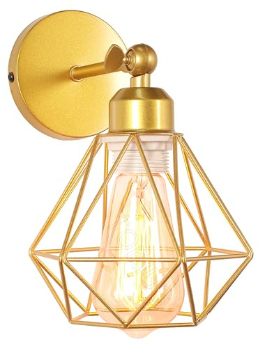 TOKIUS Wandlampe Vintage 16CM Wandleuchte Innen im Industrial Design Retro E27 Lampe aus Eisen Käfig Lampenschirm Verstellbare Deckenleuchte für Flur Wohnzimmer Schlafzimmer (1 Stück, Gold)