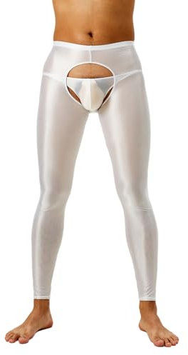 winying Herren Glänzende Leggings Lang Ouvert Hose Pantyhose Sexy Tight Strumpfhose mit Offener Schritt Hoher Taille Nylonstrumpfhose Weiß M