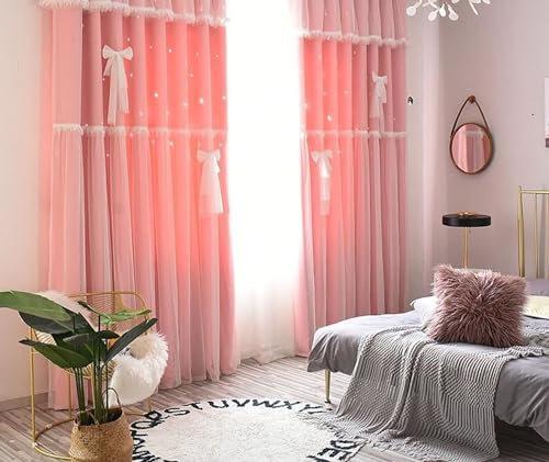 Bishilin Verdunkelungsvorhänge mit Haken, Vorhänge Blickdicht 2 Set Rosa Doppellagig mit Voile Sternen Motiv 107x132CM Polyester Gardinen Wohnzimmer Jugendzimmer Schlafzimmer