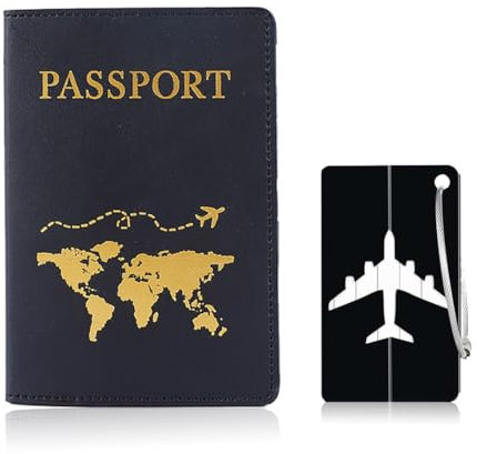 EIHI Reisepasshülle, PU Leder Passport Hülle mit 1 Kofferanhänger, Passport Holder mit mehreren Slots für Damen Herren, Reisepasshülle Halter Reisepass Schutzhülle mit goldenem Muster (Schwarz)