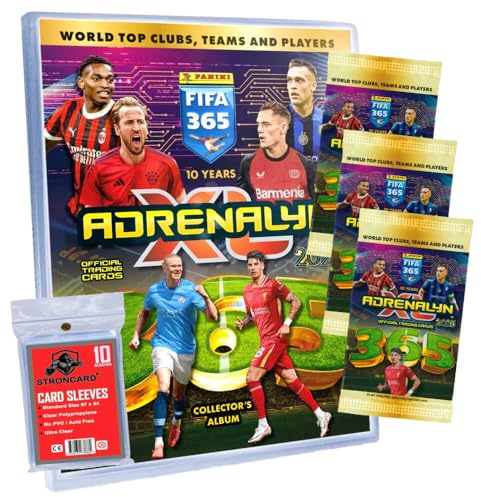 Bundle mit Panini FIFA 365 Karten 2025 - Adrenalyn XL Trading Cards - Exklusive STRONCARD Sammelkarten Hüllen - 1 Mappe + 3 Booster