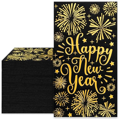 Whaline Lot de 80 serviettes en papier jetables pour invités Motif feu d'artifice Noir/doré