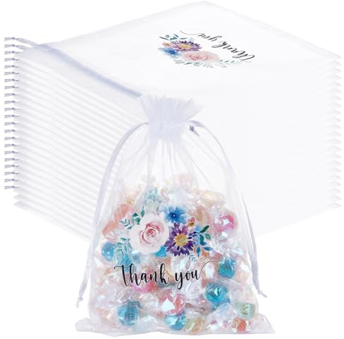 Beebeecart 30 Stück Organza Säckchen „Danke“ 5x7(1) cm Kleine Netzbeutel Mit Kordelzug Weiß Durchsichtig Geschenkbeutel Für Hochzeitsfeiern Blumenschmuck Netzbeutel Zur Aufbewahrung von Süßigkeiten