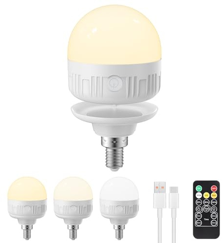 LGMCF Bombilla recargable USB-C con mando a distancia, 3 colores regulable, bombilla LED E14 con batería, 6 W de control táctil con función de temporización, luz de emergencia con magnético, 1 paquete