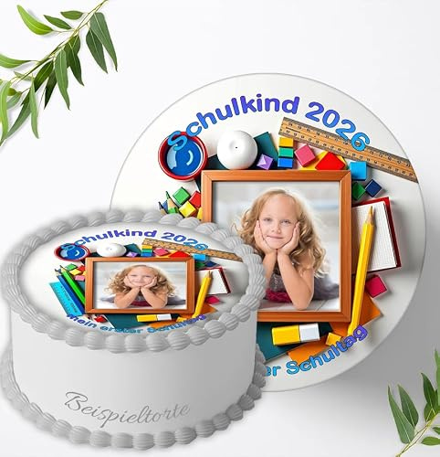 Tortenaufleger Tortenbild Fototorte Personalisiert mit Wunschfoto, Motiv Einschulung, für Jungen u. Mädchen zum Geburtstag, Essbares Foto für Tortendeko aus Fondant, Ø 20cm - 2231z