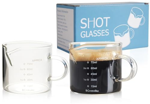 BCnmviku 2 PACK Espresso Glass Measuring Cup Triple Pitcher Milk Cup 75ML Espresso Cups with Handle Shot Glass with V-Shaped Mouth Clear Accessories Milk Frothing Pitcher (2)
