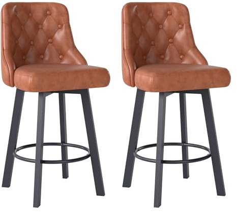 Youhauchair Barhocker 2er Set, Moderner wasserdichter Barhocker aus PU-Leder, 360° drehbarer Barstuhl mit Fußstütze, Sitzhöhe 66,5 cm, Tragkraft 150 kg, Braun