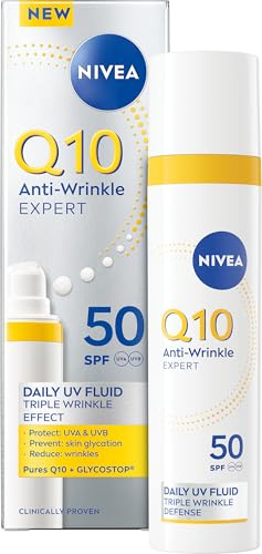 NIVEA Q10 Anti-Wrinkle Expert Daily UV Face Fluid SPF 50 40ml, Anti-Ageing Cream with High UVA/UVB Protection to Prevent Wrinkles, Sun Cream with Matte Finish Ideal for Oily Skin